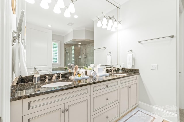 6831 Conservatory Ln, Charlotte, NC 28210 - full bath with a stall shower, double vanity, ornamental molding, and a bathtub
