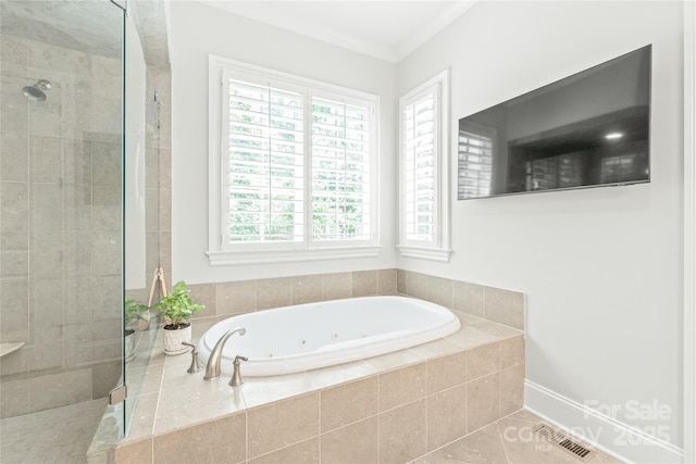 6831 Conservatory Ln, Charlotte, NC 28210 - full bathroom featuring a walk in shower, a tub with jets, and tile patterned flooring