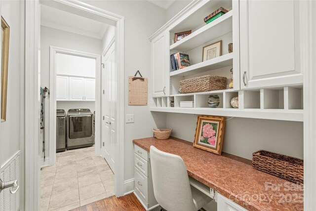 6831 Conservatory Ln, Charlotte, NC 28210 - office space featuring built in desk and washing machine and dryer