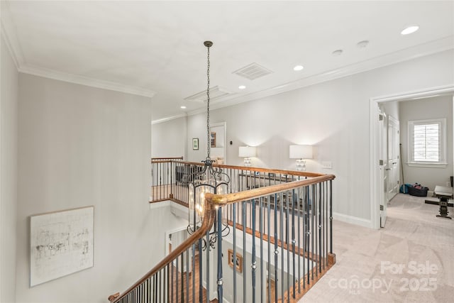 6831 Conservatory Ln, Charlotte, NC 28210 - hall featuring an upstairs landing, carpet flooring, recessed lighting, baseboards, and crown molding