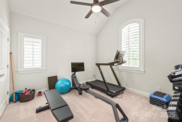 6831 Conservatory Ln, Charlotte, NC 28210 - workout area with ceiling fan, carpet, lofted ceiling, and baseboards