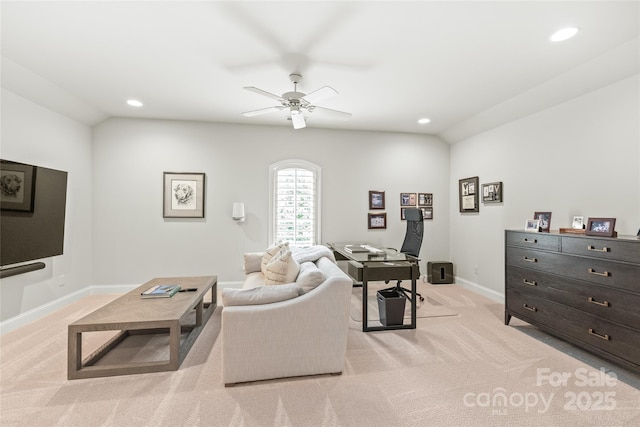 6831 Conservatory Ln, Charlotte, NC 28210 - living area featuring light carpet, a ceiling fan, recessed lighting, baseboards, and a desk