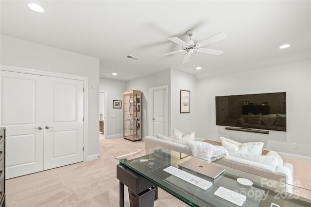6831 Conservatory Ln, Charlotte, NC 28210 - living room with light colored carpet, recessed lighting, ceiling fan, and baseboards