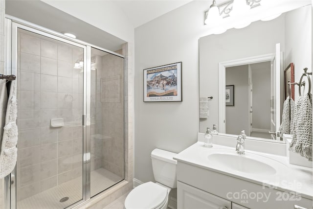 6831 Conservatory Ln, Charlotte, NC 28210 - bathroom with a stall shower, toilet, vanity, and lofted ceiling