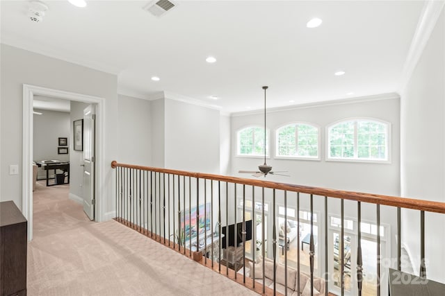 6831 Conservatory Ln, Charlotte, NC 28210 - hallway with crown molding, carpet floors, recessed lighting, and baseboards