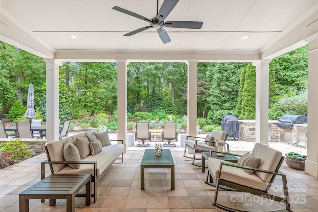 6831 Conservatory Ln, Charlotte, NC 28210 - view of patio / terrace with outdoor lounge area, ceiling fan, outdoor dining space, and area for grilling