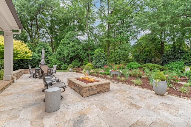 6831 Conservatory Ln, Charlotte, NC 28210 - view of patio with an outdoor fire pit, outdoor dining space, and view of wooded area