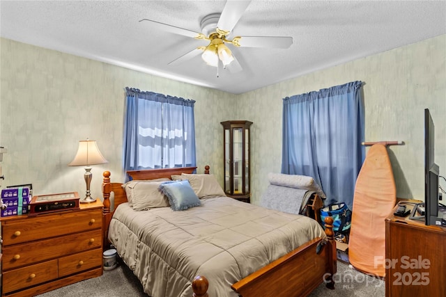 157 E Meadowview Dr, Statesville, NC 28625 - bedroom featuring carpet, a textured ceiling, ceiling fan, and wallpapered walls