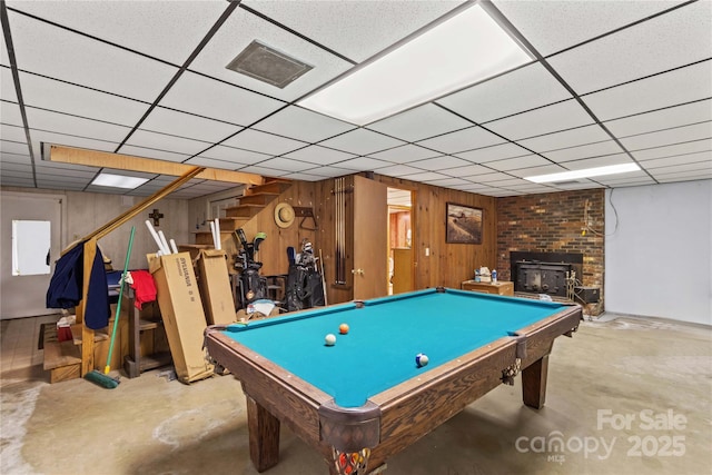 157 E Meadowview Dr, Statesville, NC 28625 - game room featuring concrete floors, a drop ceiling, wooden walls, and billiards table