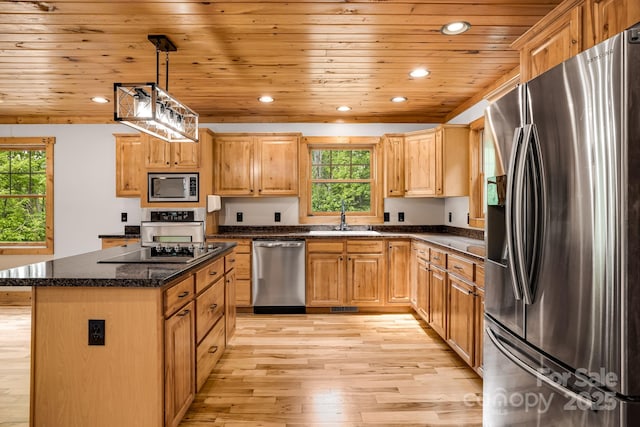 110 Mailon King Rd, Leicester, NC 28748 - kitchen with appliances with stainless steel finishes, a sink, plenty of natural light, wooden ceiling, and light wood finished floors