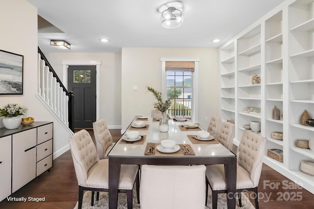 10749 Kingsview Dr, Davidson, NC 28036 - dining space featuring stairs, dark wood finished floors, baseboards, and recessed lighting