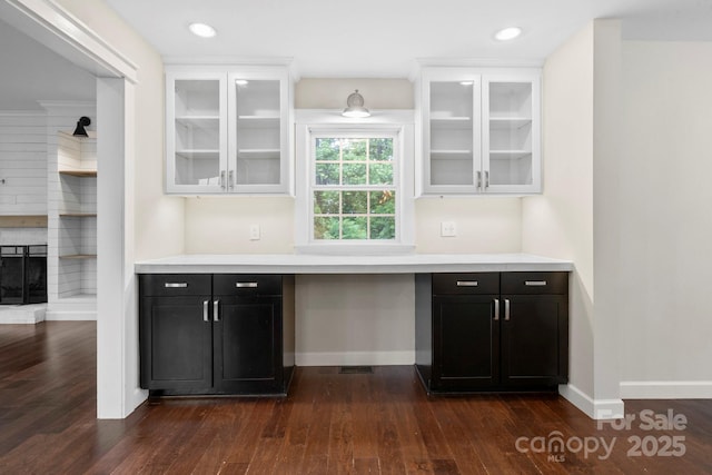 10749 Kingsview Dr, Davidson, NC 28036 - kitchen featuring white cabinets, dark wood-style floors, light countertops, and recessed lighting