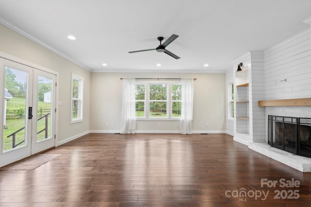 10749 Kingsview Dr, Davidson, NC 28036 - unfurnished living room featuring french doors, a ceiling fan, ornamental molding, recessed lighting, and hardwood / wood-style floors