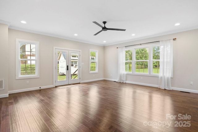 10749 Kingsview Dr, Davidson, NC 28036 - unfurnished living room featuring ceiling fan, dark wood-type flooring, crown molding, baseboards, and recessed lighting