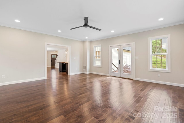 10749 Kingsview Dr, Davidson, NC 28036 - unfurnished living room with healthy amount of natural light, ceiling fan, dark wood finished floors, ornamental molding, and recessed lighting