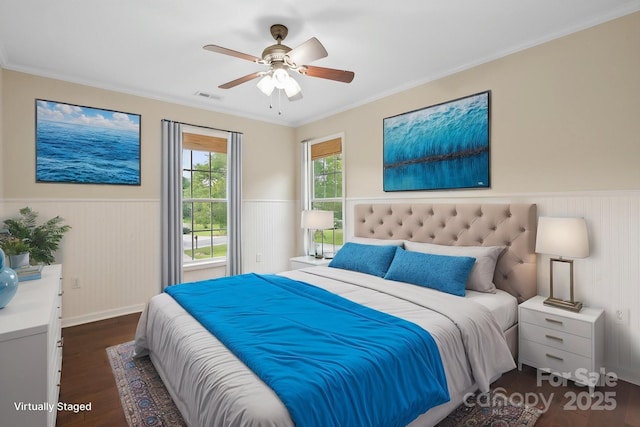 10749 Kingsview Dr, Davidson, NC 28036 - bedroom with a wainscoted wall, wood finished floors, ornamental molding, and ceiling fan