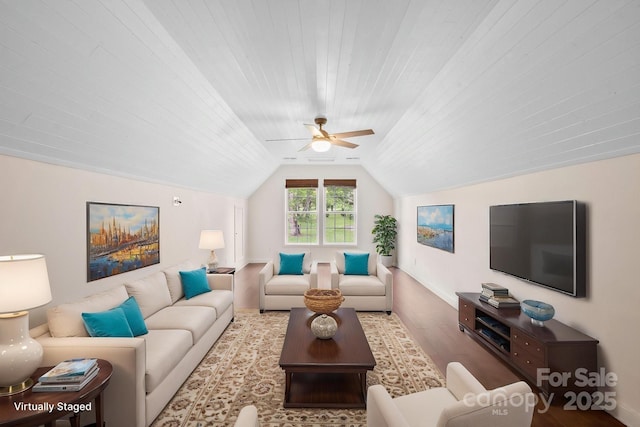10749 Kingsview Dr, Davidson, NC 28036 - living room featuring wood finished floors, lofted ceiling, ceiling fan, and wood ceiling