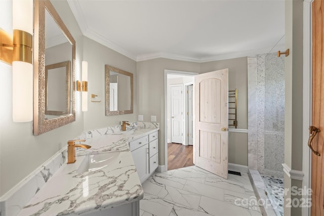 84 Halfmoon Way, Clyde, NC 28721 - full bathroom with walk in shower, marble finish floors, two vanities, and ornamental molding