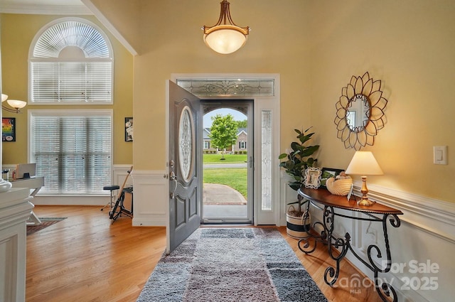 129 Daniel Efird Dr, Mount Holly, NC 28120 - foyer with wood finished floors, a towering ceiling, a wainscoted wall, and crown molding