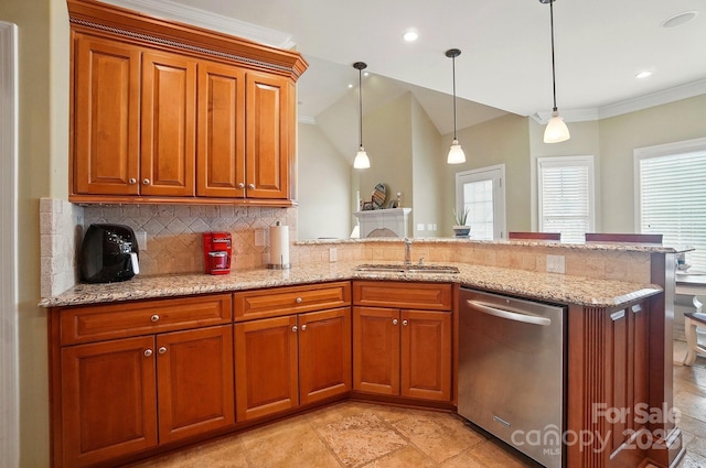 129 Daniel Efird Dr, Mount Holly, NC 28120 - kitchen with stainless steel dishwasher, brown cabinets, a sink, decorative backsplash, and crown molding