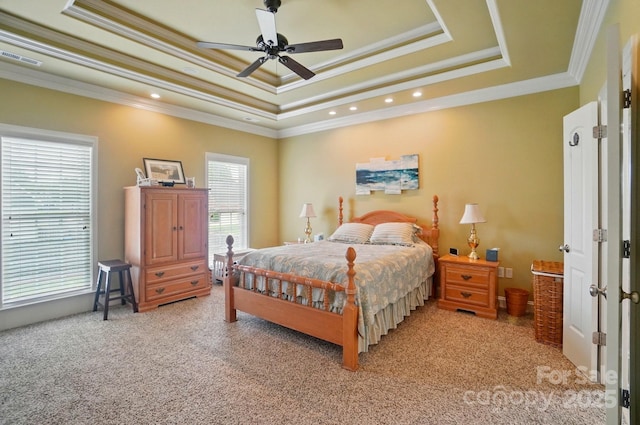 129 Daniel Efird Dr, Mount Holly, NC 28120 - bedroom featuring a raised ceiling, light colored carpet, ornamental molding, ceiling fan, and recessed lighting
