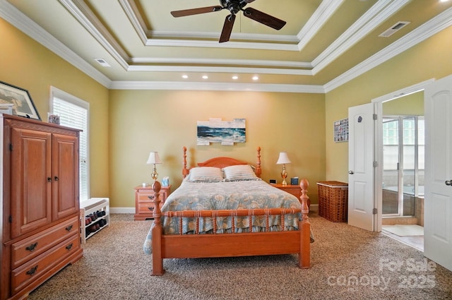 129 Daniel Efird Dr, Mount Holly, NC 28120 - carpeted bedroom with multiple windows, a tray ceiling, ornamental molding, ceiling fan, and baseboards