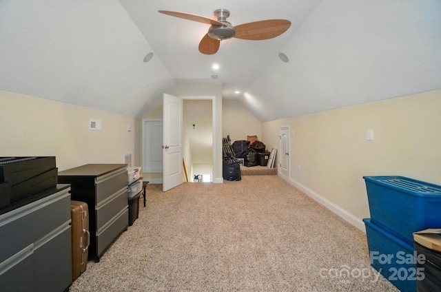 129 Daniel Efird Dr, Mount Holly, NC 28120 - bonus room with vaulted ceiling, light colored carpet, ceiling fan, and baseboards