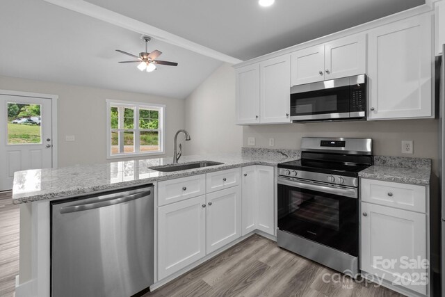 894 Oval St, Kannapolis, NC 28081 - kitchen featuring stainless steel appliances, a sink, a peninsula, light wood-style flooring, and plenty of natural light