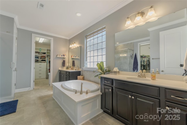 11333 Preservation Ln, Charlotte, NC 28278 - full bath featuring a stall shower, a walk in closet, two vanities, a garden tub, and ornamental molding