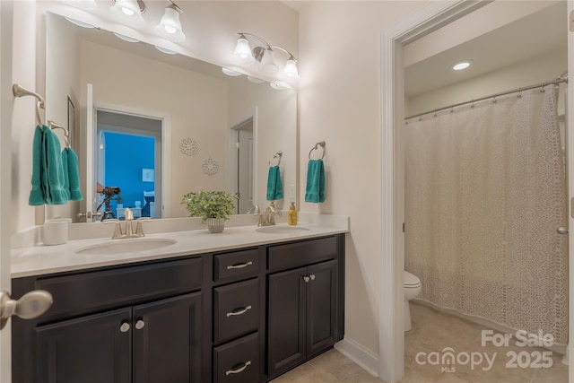 11333 Preservation Ln, Charlotte, NC 28278 - full bath featuring double vanity, tile patterned flooring, and a shower with shower curtain