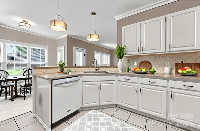 4619 Glasgow Ct, Gastonia, NC 28056 - kitchen featuring dishwasher, a peninsula, light tile patterned flooring, white cabinetry, and pendant lighting