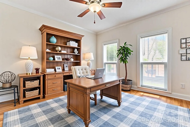 4619 Glasgow Ct, Gastonia, NC 28056 - home office with a ceiling fan, light wood-style floors, and crown molding