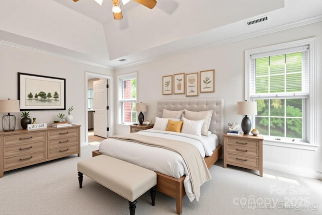 4619 Glasgow Ct, Gastonia, NC 28056 - bedroom with light colored carpet, crown molding, a raised ceiling, and a ceiling fan