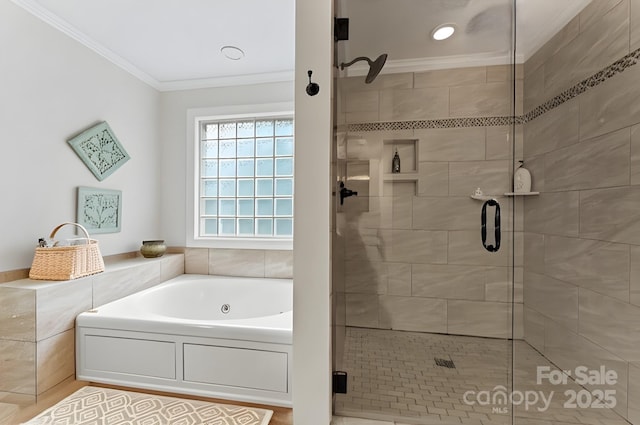 4619 Glasgow Ct, Gastonia, NC 28056 - bathroom featuring ornamental molding, a garden tub, a stall shower, and recessed lighting