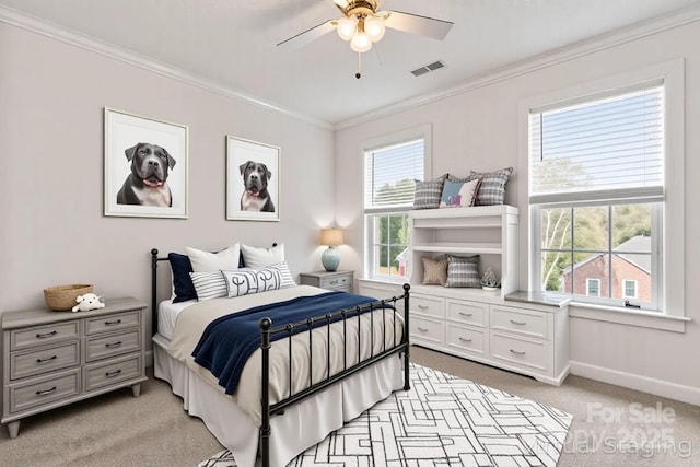 4619 Glasgow Ct, Gastonia, NC 28056 - bedroom featuring light colored carpet, ornamental molding, multiple windows, and a ceiling fan