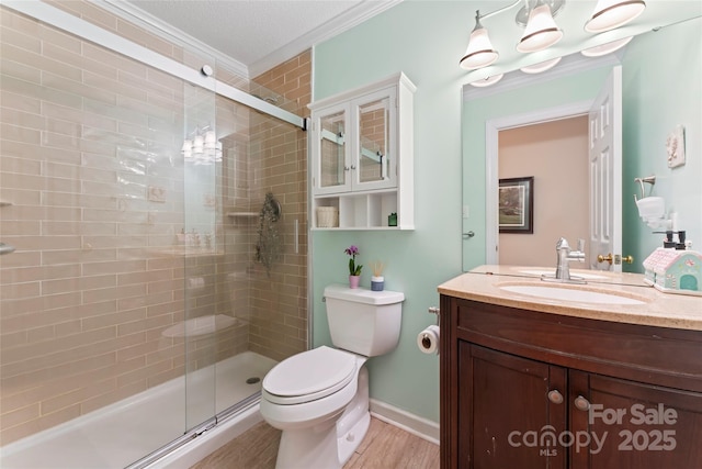 4619 Glasgow Ct, Gastonia, NC 28056 - full bath with ornamental molding, vanity, a stall shower, and wood finished floors