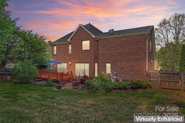 4619 Glasgow Ct, Gastonia, NC 28056 - back of property at dusk with a deck, brick siding, and outdoor lounge area