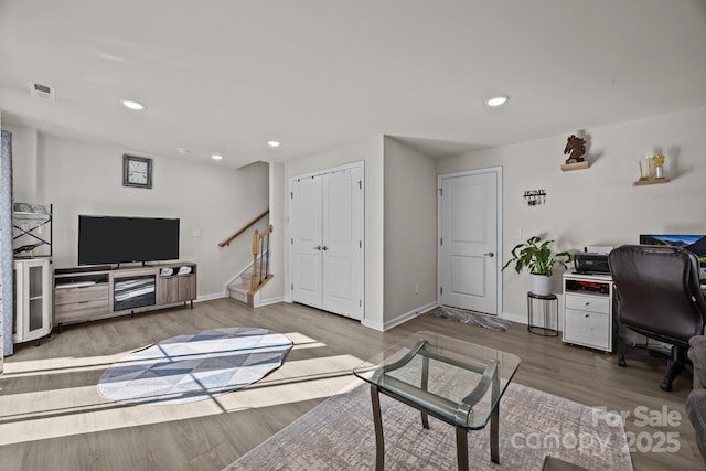 2665 Grantham Place Dr, Fort Mill, SC 29715 - living area with stairs, recessed lighting, wood finished floors, and an office area