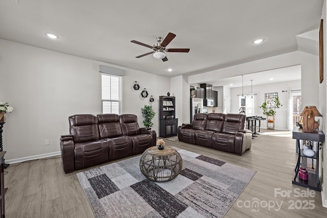 2665 Grantham Place Dr, Fort Mill, SC 29715 - living area featuring a ceiling fan, plenty of natural light, light wood finished floors, and recessed lighting