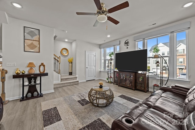 2665 Grantham Place Dr, Fort Mill, SC 29715 - living room featuring stairway, wood finished floors, recessed lighting, and ceiling fan