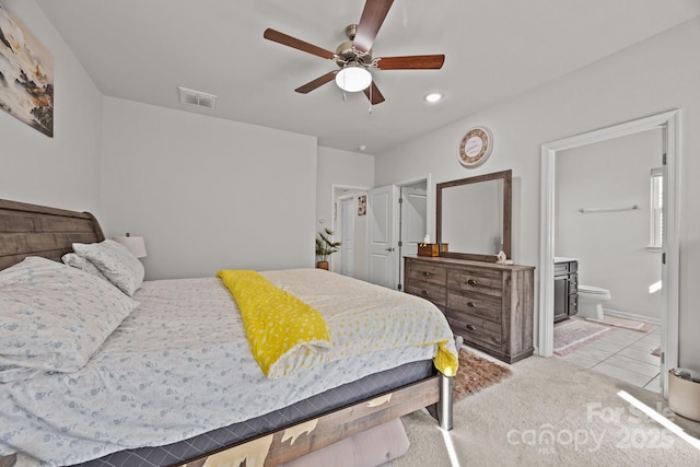 2665 Grantham Place Dr, Fort Mill, SC 29715 - bedroom featuring ensuite bath, recessed lighting, a ceiling fan, and carpet flooring