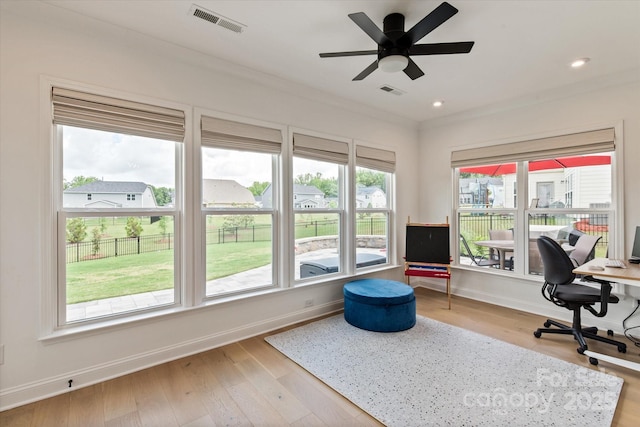 1381 Regions Blvd, Fort Mill, SC 29707 - office area featuring baseboards, light wood-style floors, a ceiling fan, recessed lighting, and crown molding