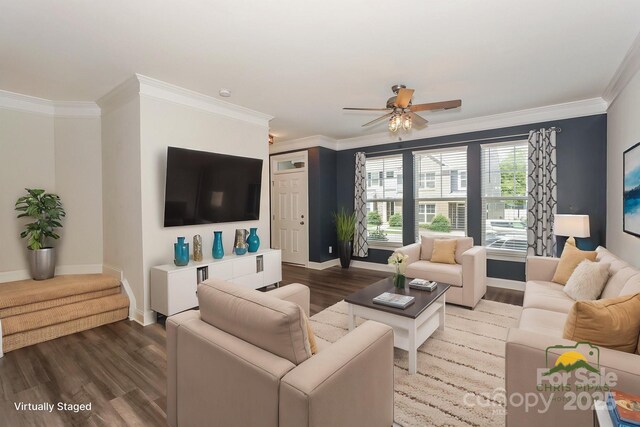 110 Synandra Dr Unit B, Mooresville, NC 28117 - living area with wood finished floors, baseboards, ceiling fan, and crown molding