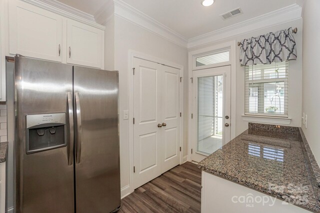 110 Synandra Dr Unit B, Mooresville, NC 28117 - kitchen with stainless steel fridge with ice dispenser, crown molding, white cabinets, dark wood finished floors, and dark stone counters
