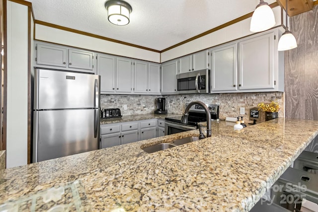 301 Pinnacle Inn Rd Unit 2210, Beech Mountain, NC 28604 - kitchen with appliances with stainless steel finishes, gray cabinetry, backsplash, light stone counters, and crown molding