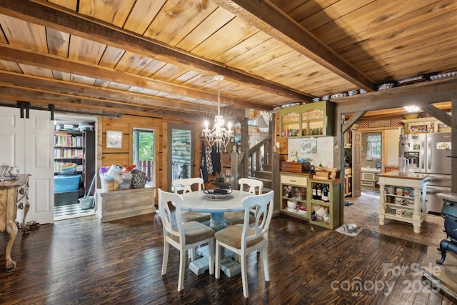 214 Hubert Mccall Rd, Balsam Grove, NC 28708 - dining area featuring a chandelier, dark wood-type flooring, wood ceiling with exposed beams, healthy amount of natural light, and wood walls