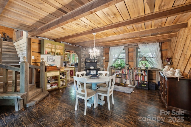 214 Hubert Mccall Rd, Balsam Grove, NC 28708 - dining area with wooden ceiling with exposed beams, dark wood finished floors, stairs, and wood walls