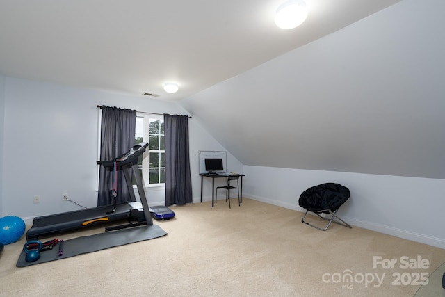 201 Vanderbilt Blvd, Locust, NC 28097 - workout room featuring lofted ceiling, carpet flooring, and baseboards
