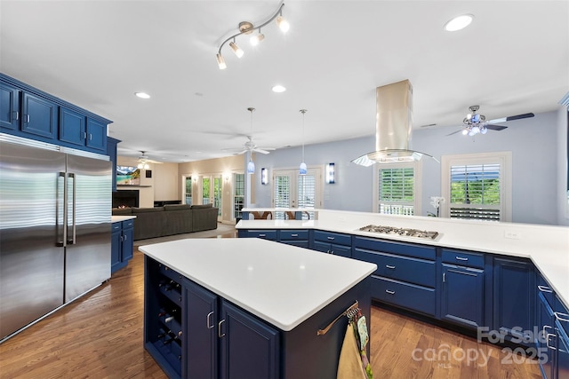 5418 Commodore Pl, Clover, SC 29710 - kitchen featuring stainless steel built in refrigerator, ceiling fan, blue cabinetry, and recessed lighting