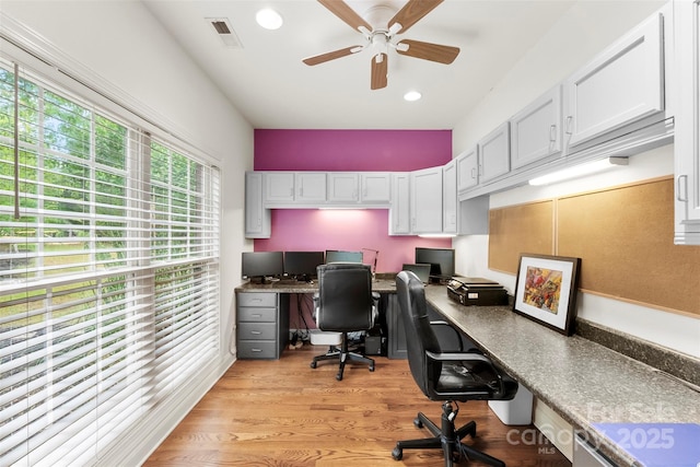 5418 Commodore Pl, Clover, SC 29710 - office area featuring ceiling fan, built in desk, light wood finished floors, and recessed lighting